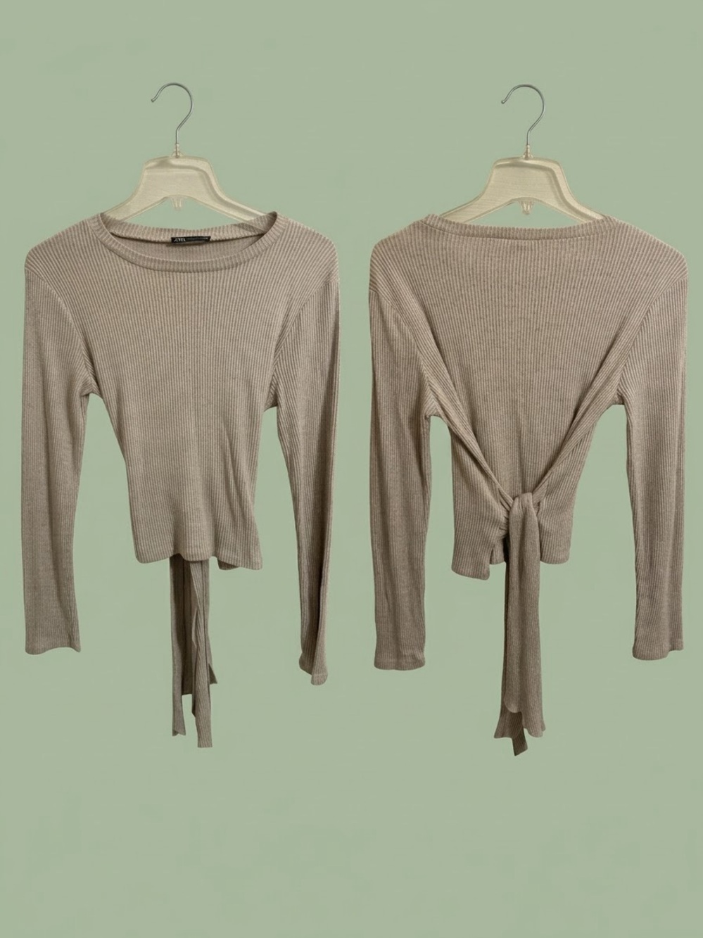 Zara Taupe Ribbed Long Sleeve Tie-Back Top